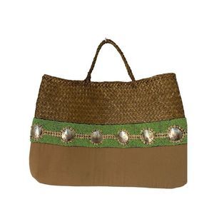 Womens Xlarge Straw Tote Mother of Pearl Bali Seashell Bag Handmade Resort 5215